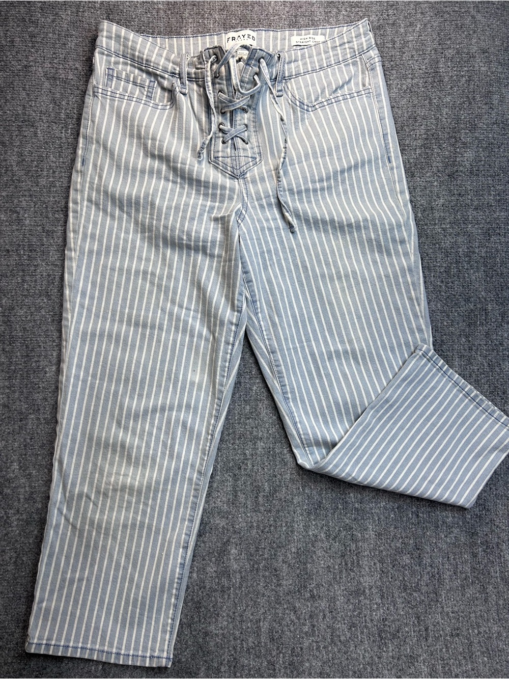 Frayed Y2K Inspired Lace-Up High Rise Cropped Jeans in Light Blue Stripe